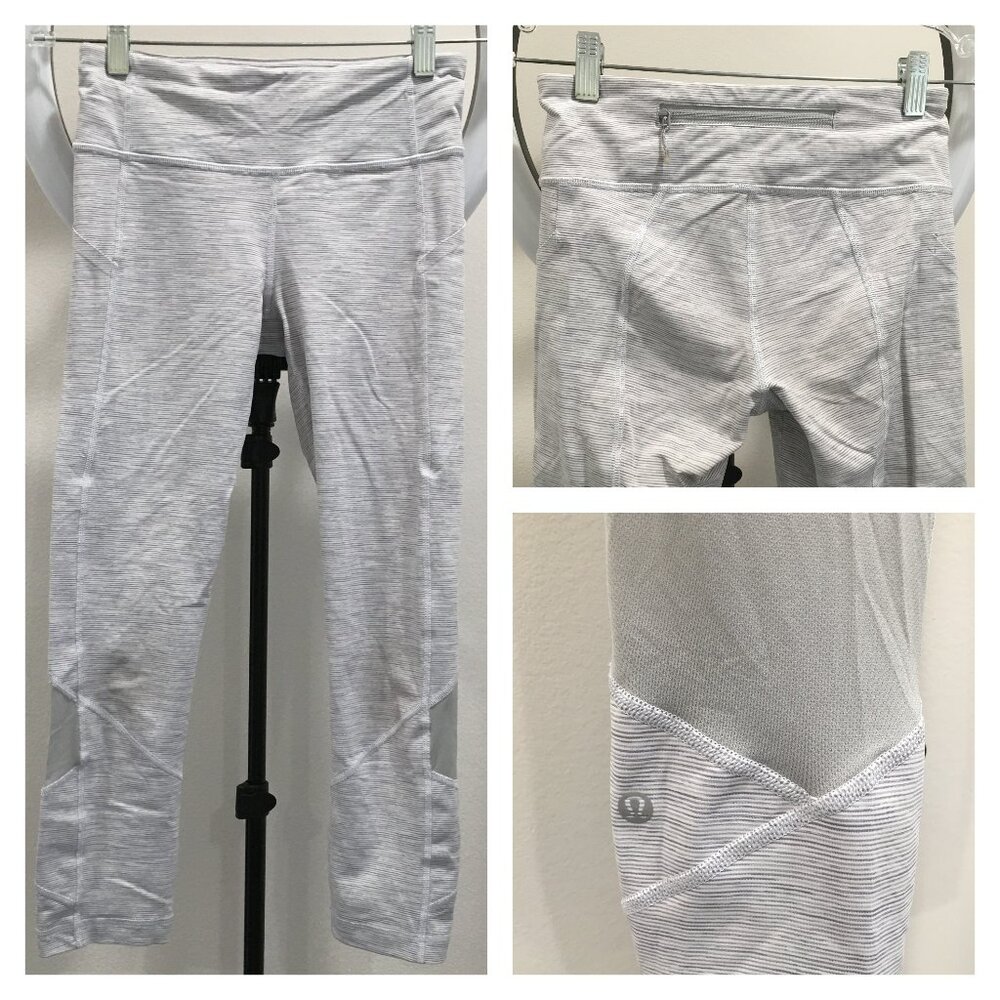 LULULEMON Fitted White Gray Sheer Mesh Insert Pull On Activewear Crop Leggings